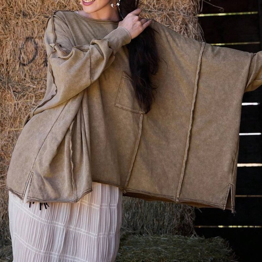 Freevana Boho Batwing Sleeve  Oversized French Terry Top